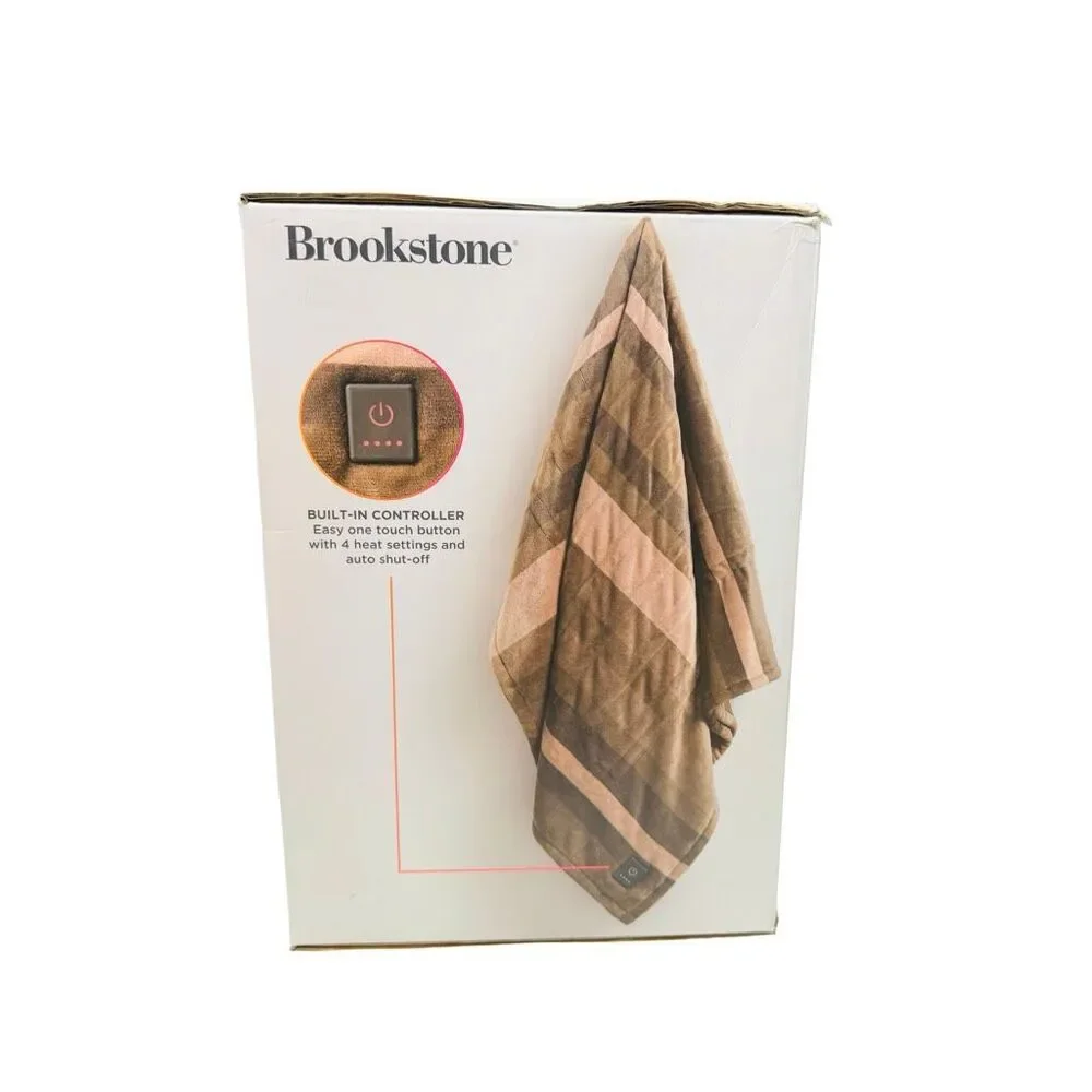 Brookstone Cozy Heated Printed Plush Throw - 50” x 60” - Brown Plaid